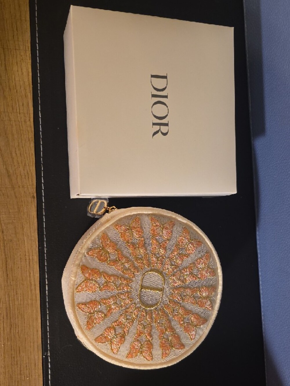 Exclusive New Christian Dior Ebroidered Butterfly Round Pouch - Cream and Peach - Picture 4 of 4
